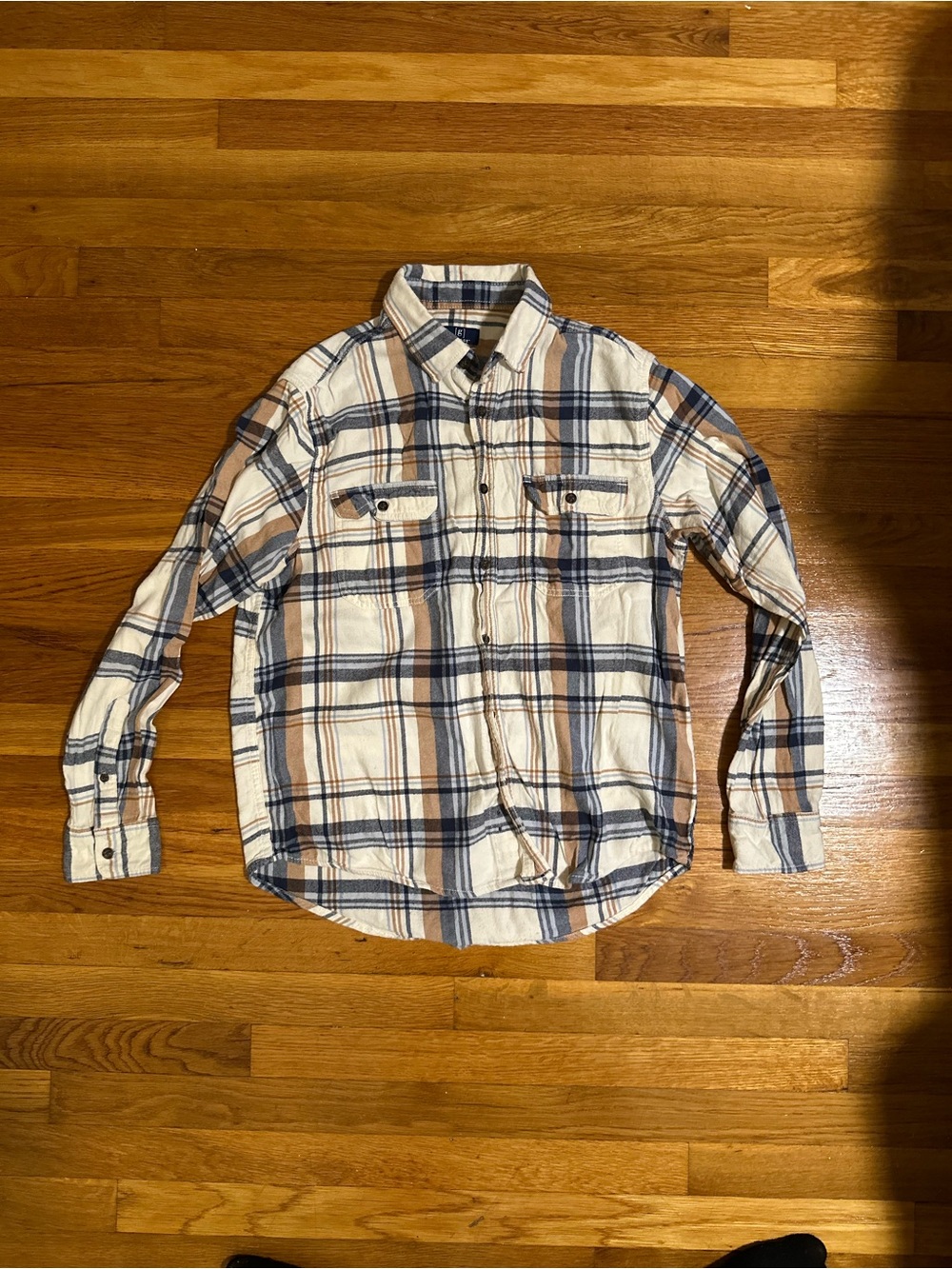George Cream Plaid Button-Down Shirt with Navy & Brown Stripes